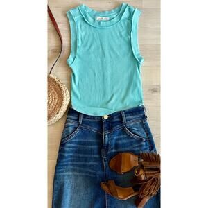 Free People We The Free Ribbed Tank Top Aqua Raw Edge Sleeveless M